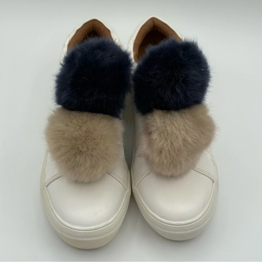Mossimo Supply Co. Abbie Leather Slip On White Sneakers With Faux Fur Pompom - Picture 2 of 14